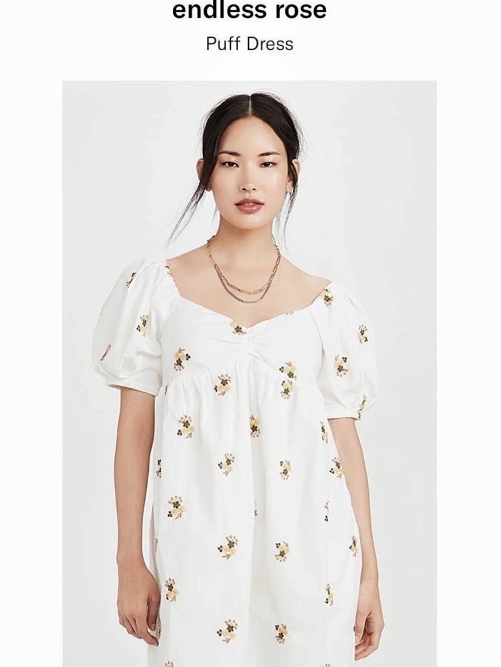 Endless Rose Floral Embroidered Puff Sleeve Babydoll Dress Mini Dress White